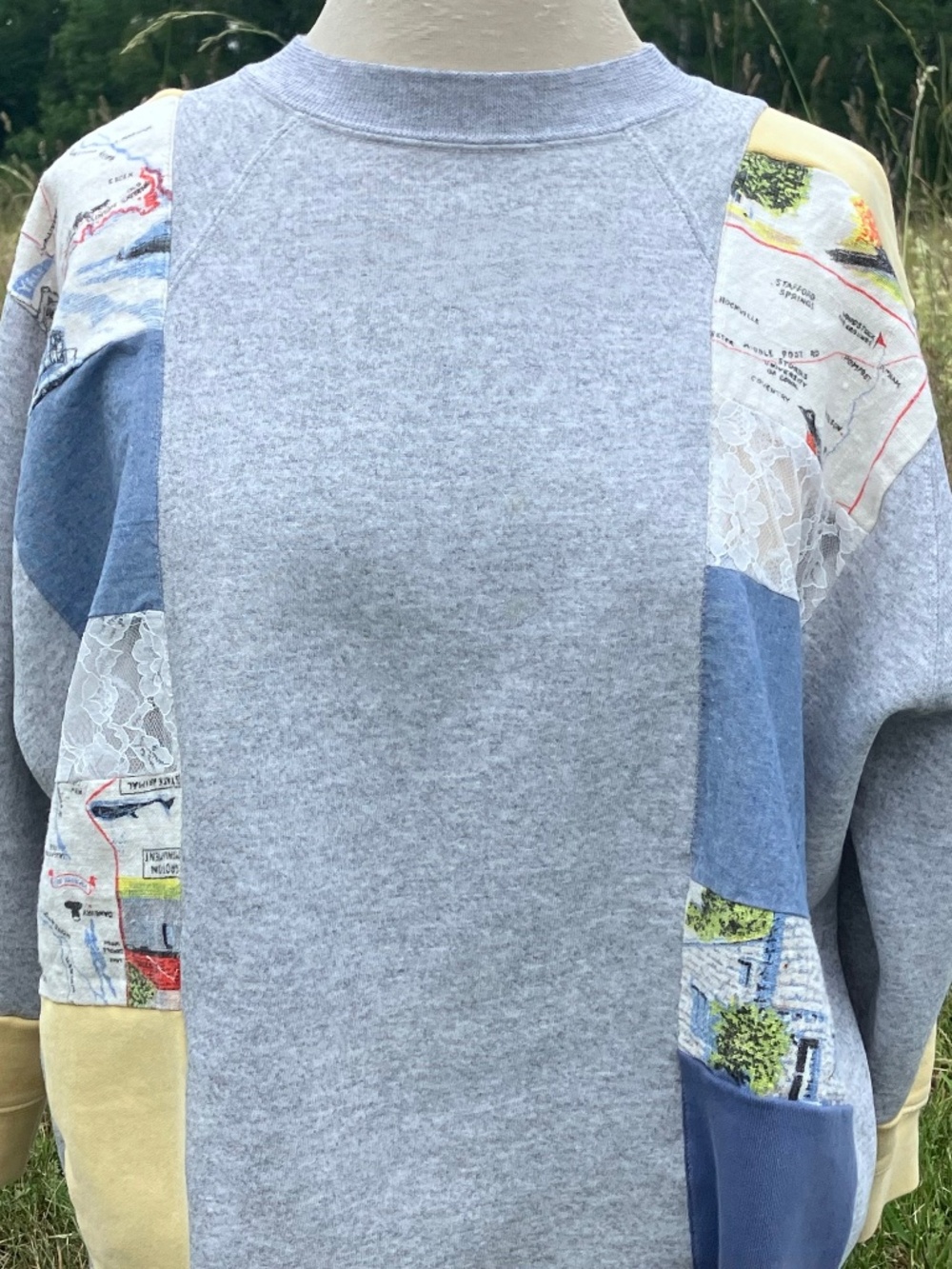 Reworked Vintage-Inspired Sweatshirt – Size Small | Connecticut Tea Towel Patchw